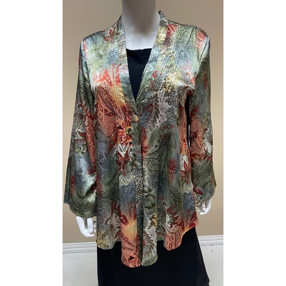Chicos Kimono Cardigan Green Blue Orange Paisley Floral EUC Boho Whimsy Artsy